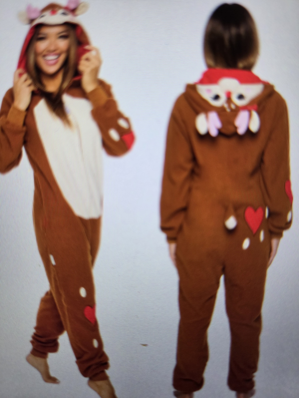 Adults Brown Reindeer Onesie Costume w/ Red Heart Accents, size XL